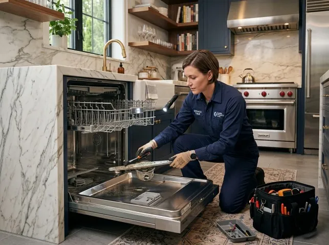 Appliance Repair Hero technician servicing a built-in dishwasher in a Brookings, SD kitchen