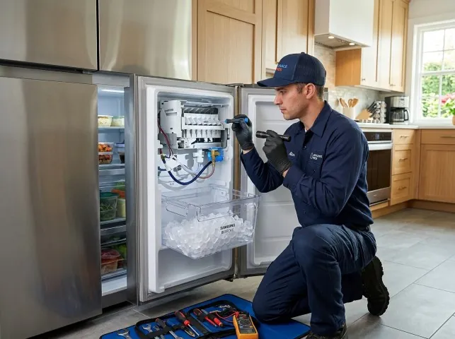 Appliance Repair Hero technician repairing a refrigerator ice maker in Brookings, SD