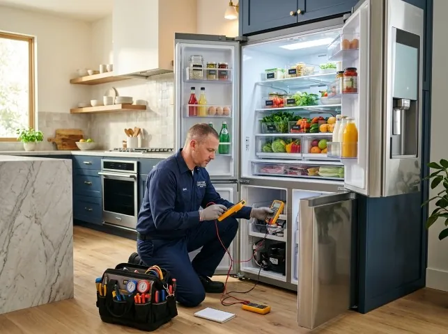 Appliance Repair Hero refrigerator technician testing a fridge on a Brookings, SD service call